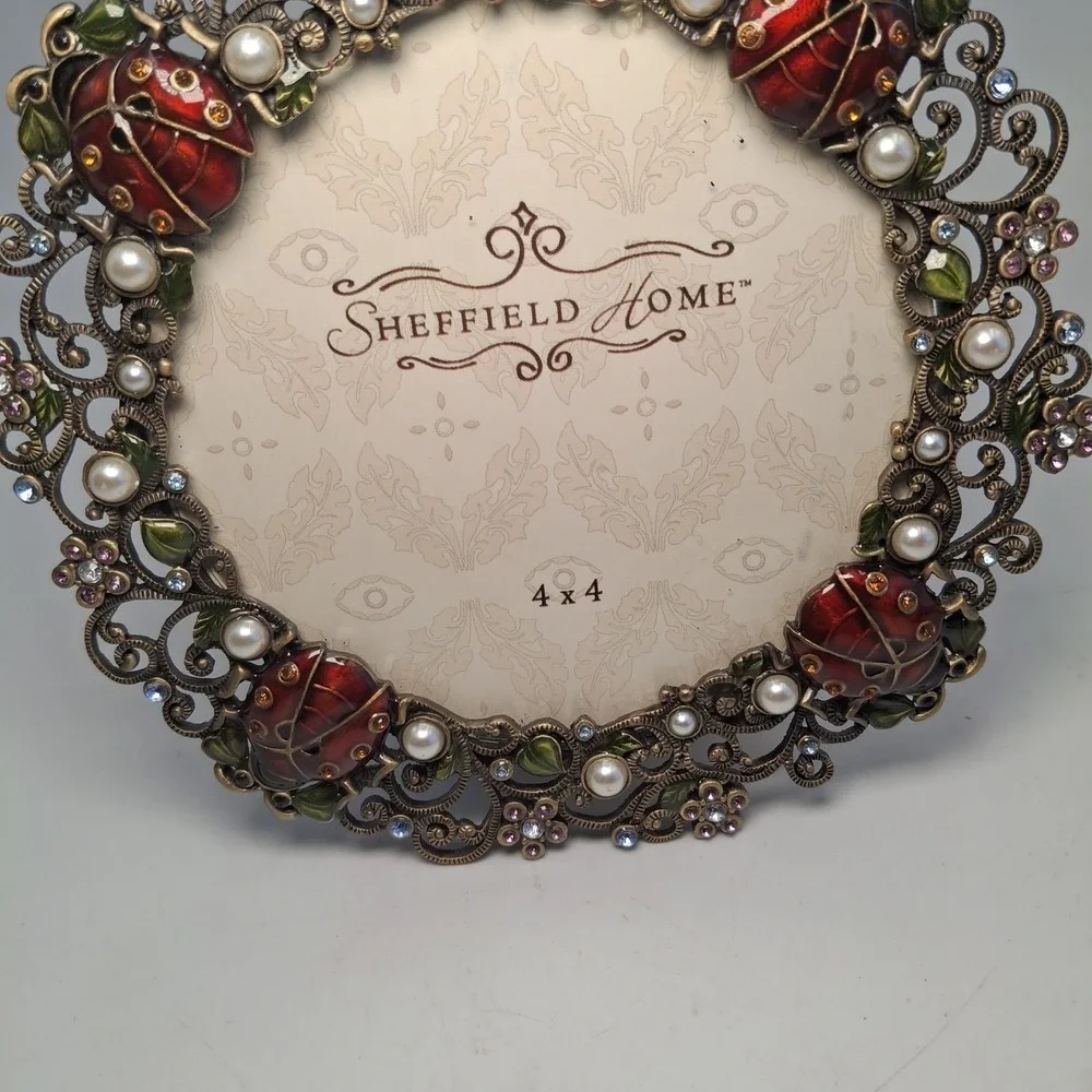 Sheffield Home 4x4 Picture Frame Ladybug Pearl Rhinestone Filigree Bronze Oval